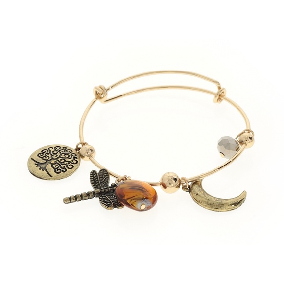 Dragonfly and Moon Gold Plated Wire Charm Bracelet - Picture 1 of 2